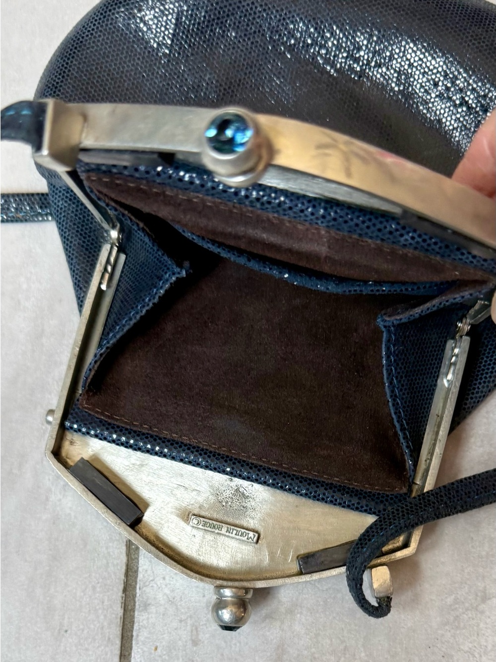 Moulin Rouge by James Culver Navy leather pewter jeweled crossbody shoulder blue - Picture 9 of 16